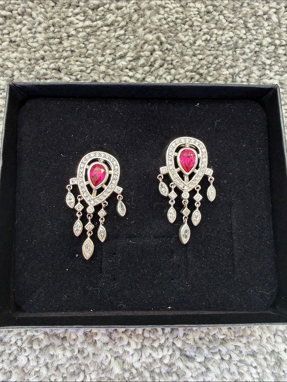 Vintage Susan Lucci Silver-Tone Ruby Teardrop Chandelier Earrings